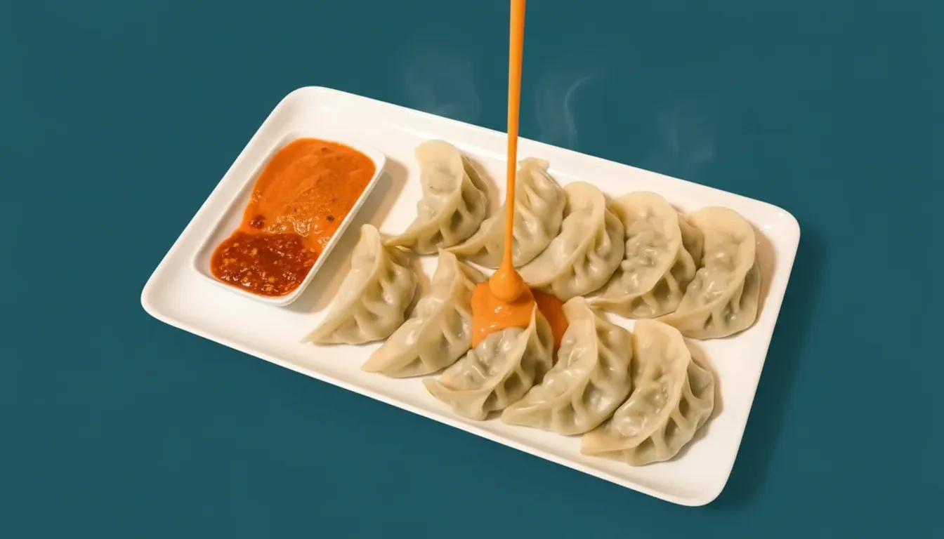 Ten steamed Nepali momos on a plate with orange achar pouring over them at Snax Auckland